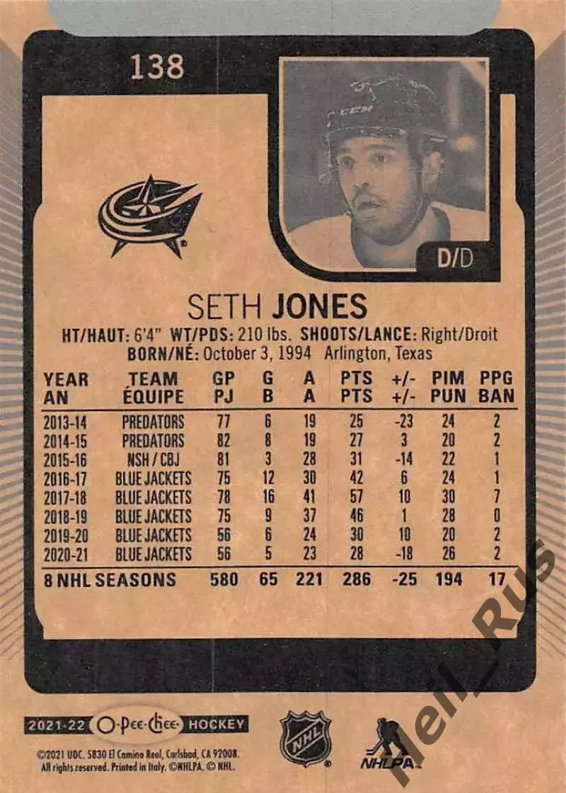 Карточка Seth Jones/Сет Джонс Columbus Blue Jackets/Коламбус Блю Джекетс НХЛ/NHL 1