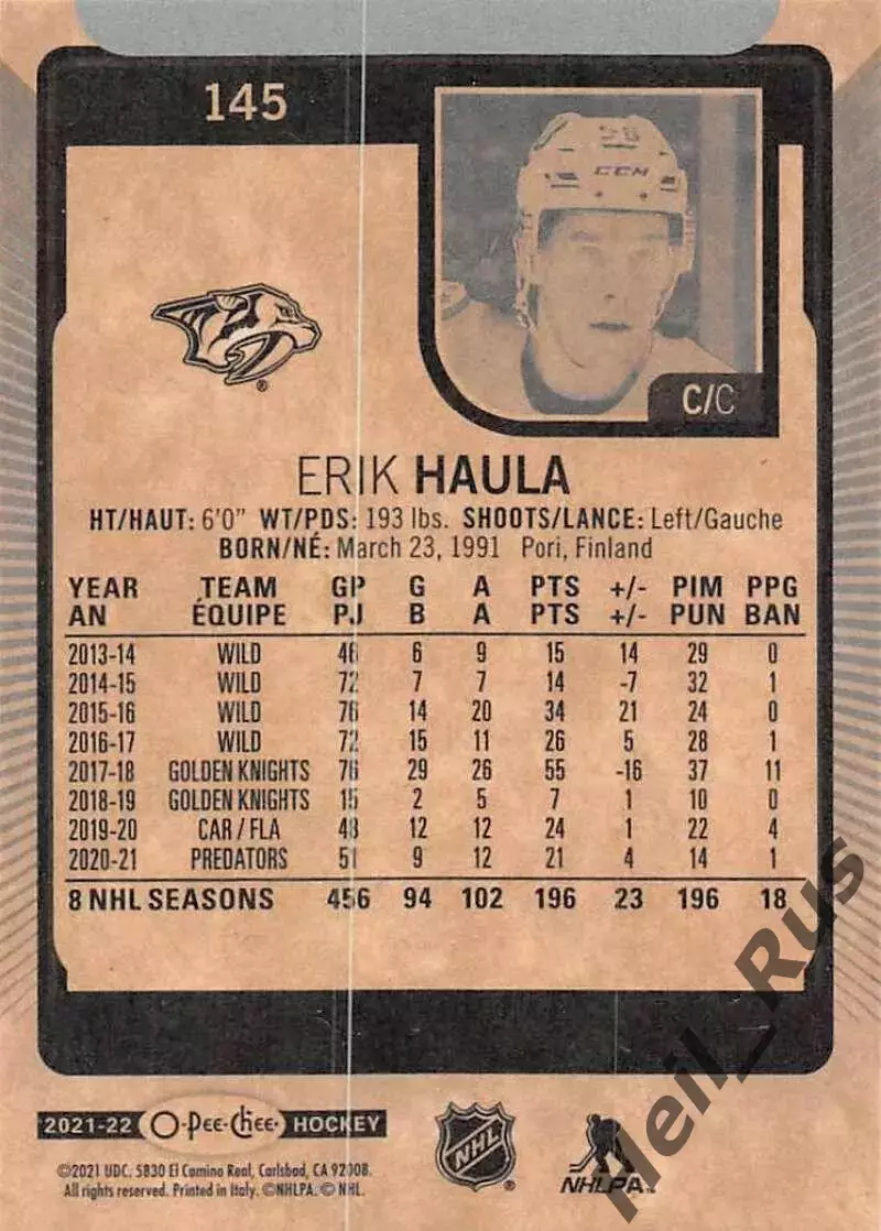Карточка Erik Haula/Эрик Хаула (Nashville Predators/Нэшвилл Предаторз) НХЛ/NHL 1