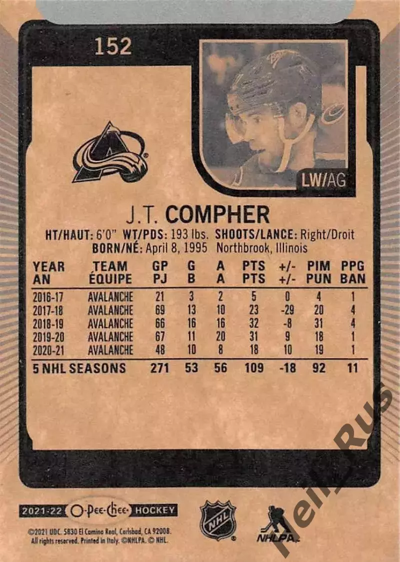 Карточка J.T. Compher/Джей Ти Комфер Colorado Avalanche/Колорадо Эвеланш НХЛ-NHL 1
