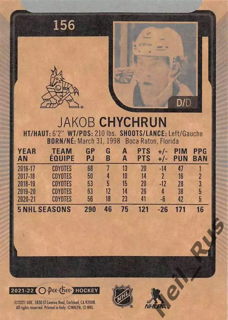 Карточка Jakob Chychrun/Джейкоб Чикран (Arizona Coyotes/Аризона Койотис) НХЛ-NHL 1