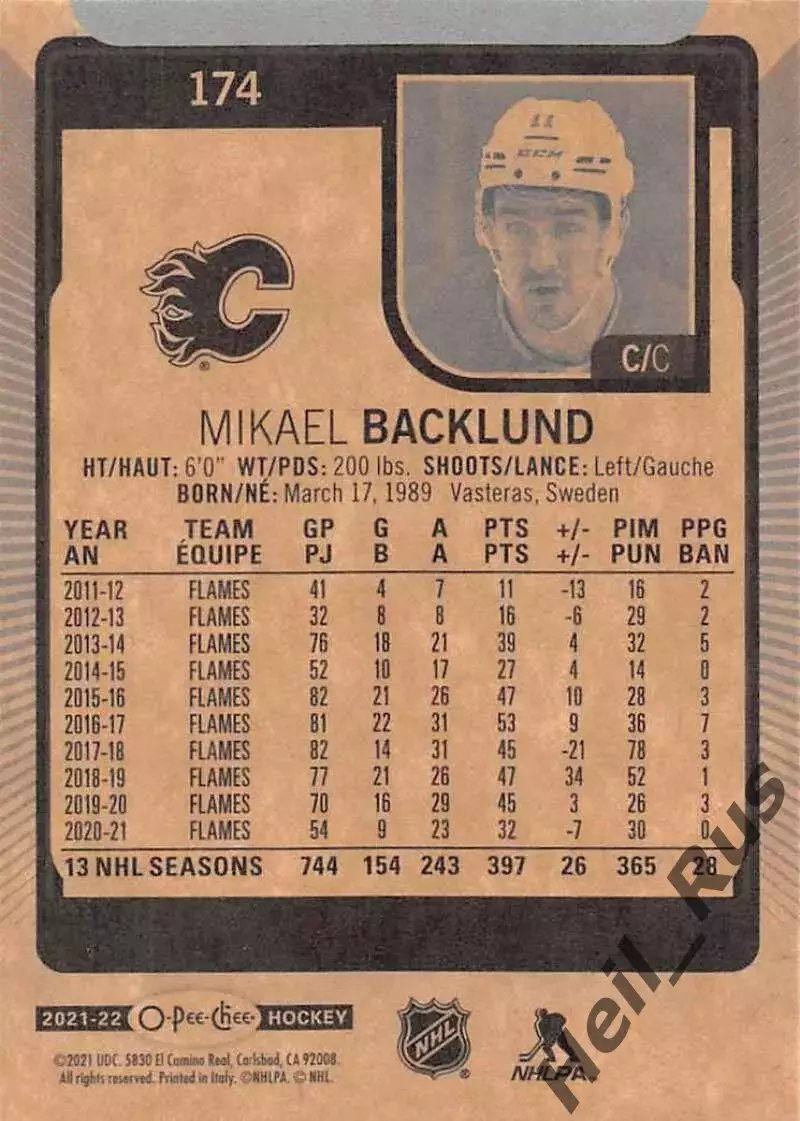 Карточка Mikael Backlund/Микаэль Баклунд (Calgary Flames/Калгари Флэймз) НХЛ/NHL 1