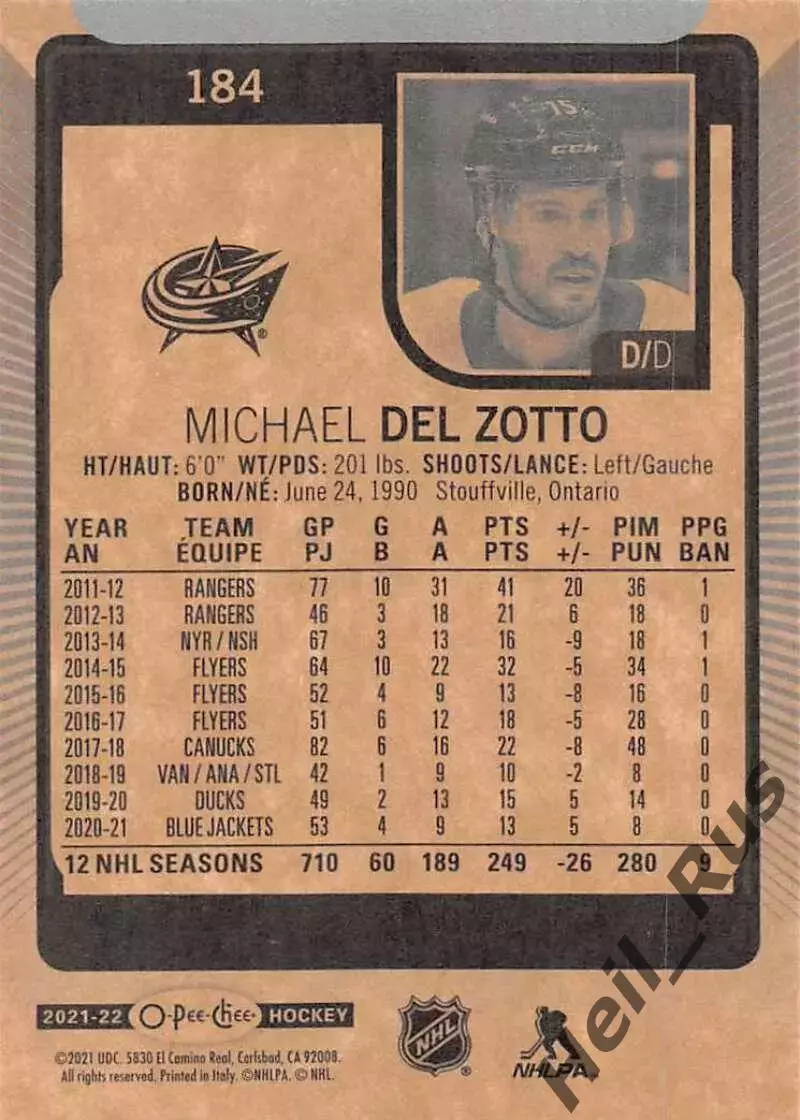 Хоккей Карточка Michael Del Zotto/Майкл Дель Зотто Columbus Blue Jackets НХЛ/NHL 1