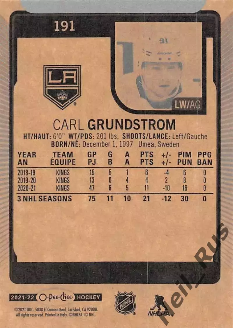 Карточка Grundstrom/Карл Грундстрем Los Angeles Kings/Лос-Анджелес Кингз НХЛ/NHL 1