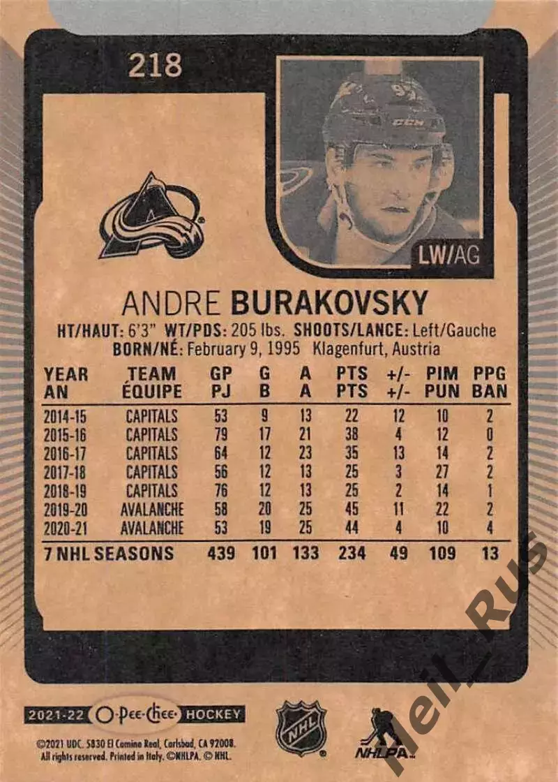 Карточка Burakovsky/Андре Бураковски Colorado Avalanche/Колорадо Эвеланш НХЛ/NHL 1