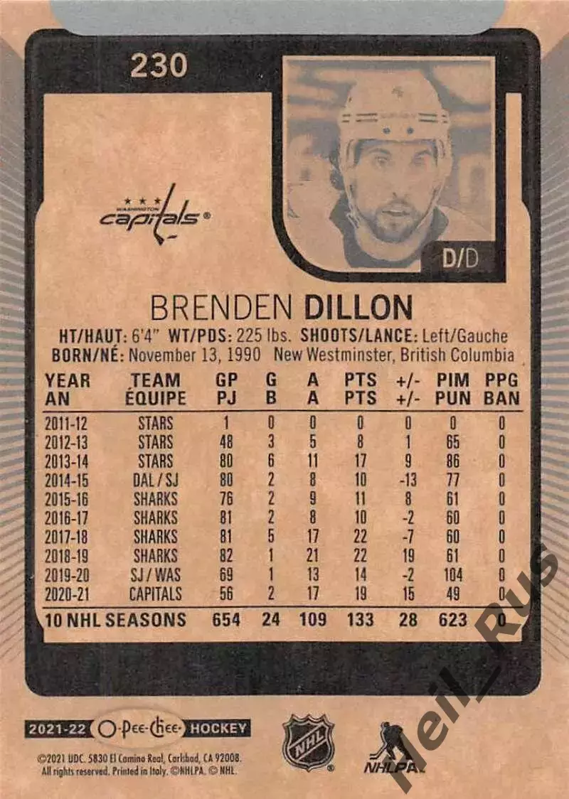 Карточка Dillon/Бренден Диллон (Washington Capitals/Вашингтон Кэпиталз) NHL/НХЛ 1