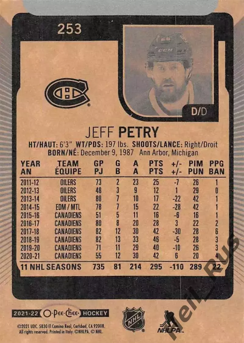 Карточка Jeff Petry/Джефф Питри (Montreal Canadiens/Монреаль Канадиенс) НХЛ-NHL 1