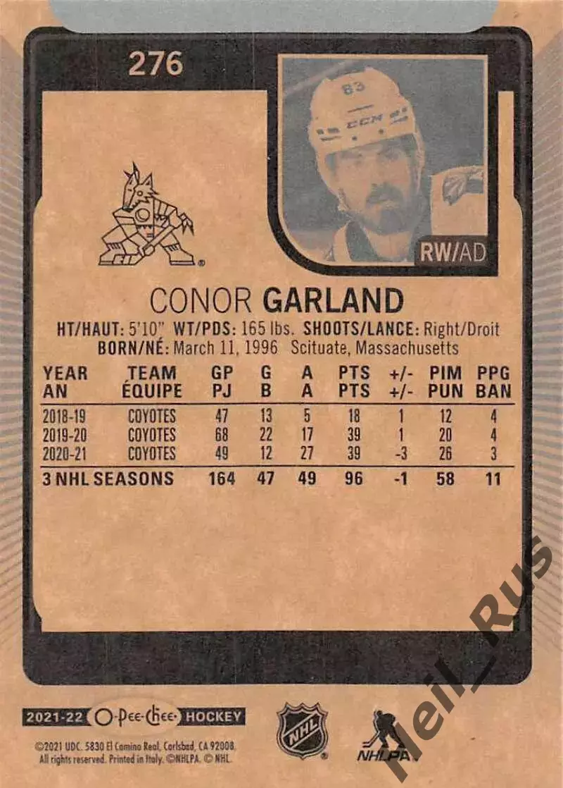 Карточка Conor Garland/Конор Гарланд (Arizona Coyotes/Аризона Койотис) НХЛ/NHL 1