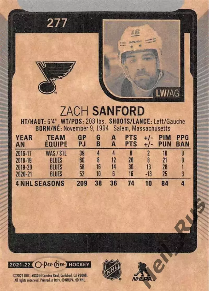 Хоккей. Карточка Zach Sanford/Зак Сэнфорд St. Louis Blues/Сент-Луис Блюз НХЛ/NHL 1