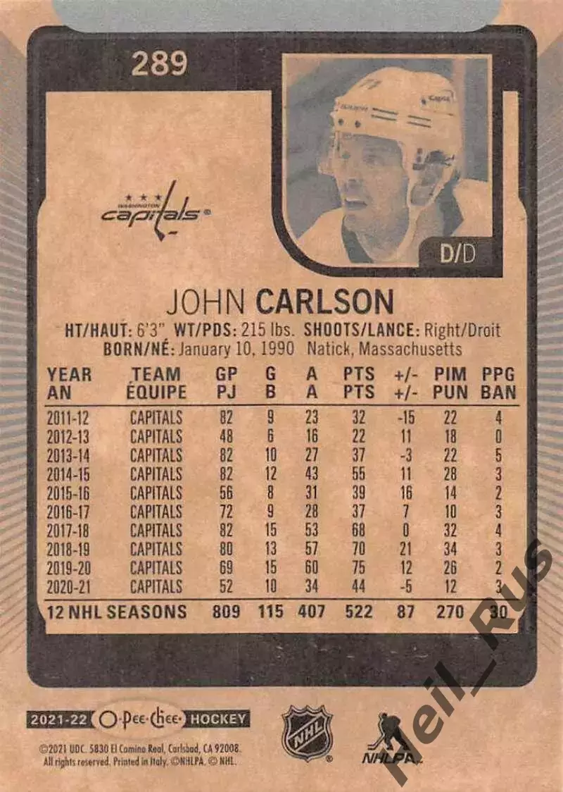 Хоккей; Карточка John Carlson/Джон Карлсон Washington Capitals/Вашингтон НХЛ NHL 1