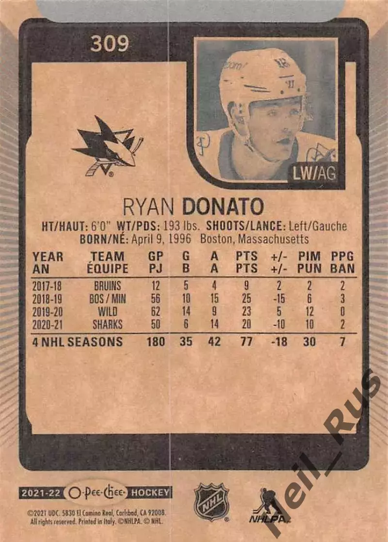 Хоккей. Карточка Ryan Donato/Райан Донато San Jose Sharks/Сан-Хосе Шаркс НХЛ/NHL 1