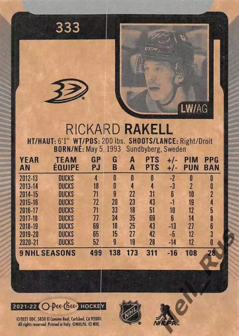 Хоккей Карточка Rickard Rakell/Рикард Ракелль Anaheim Ducks/Анахайм Дакс НХЛ-NHL 1