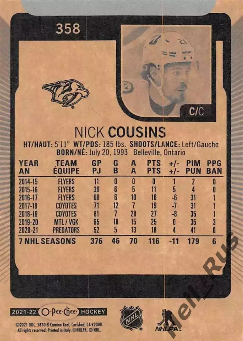 Карточка Nick Cousins/Ник Казинс (Nashville Predators/Нэшвилл Предаторз) НХЛ/NHL 1