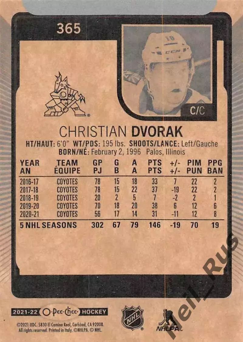 Хоккей Карточка Christian Dvorak/Кристиан Дворак Arizona Coyotes/Аризона НХЛ-NHL 1