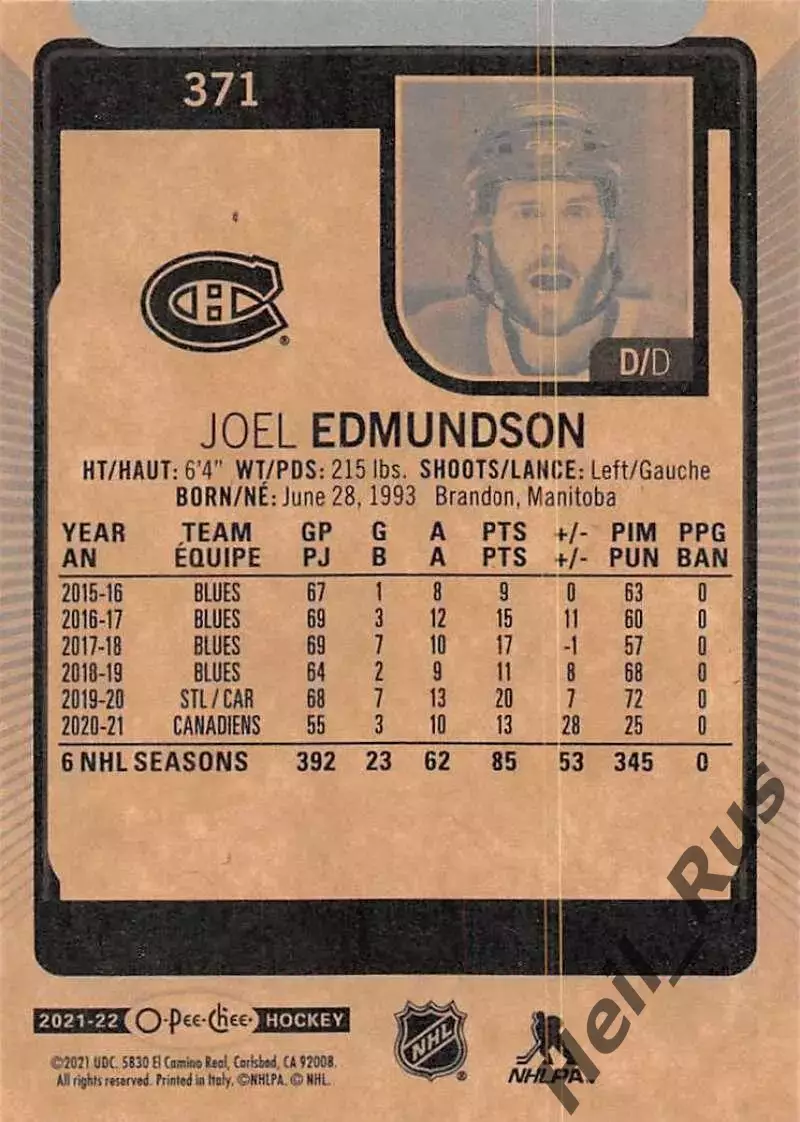 Карточка Joel Edmundson/Джоэль Эдмундсон (Montreal Canadiens/Монреаль) НХЛ/NHL 1