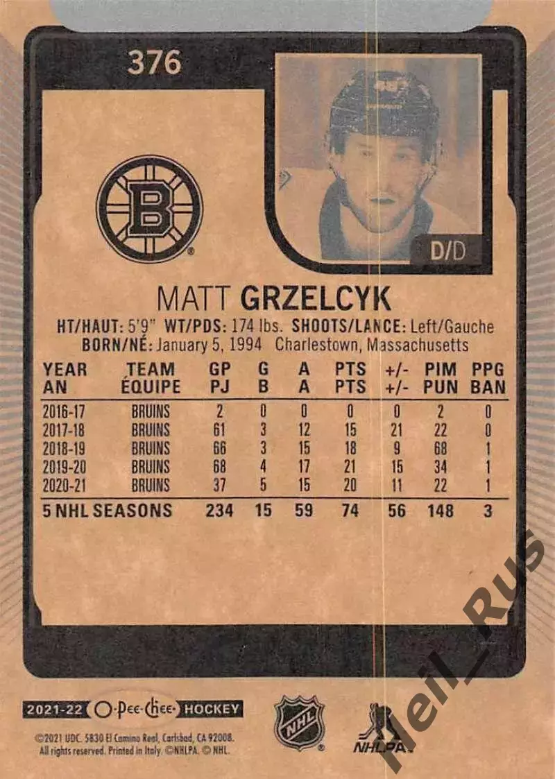 Хоккей Карточка Matt Grzelcyk/Мэтт Гжельчик Boston Bruins/Бостон Брюинз НХЛ/NHL 1