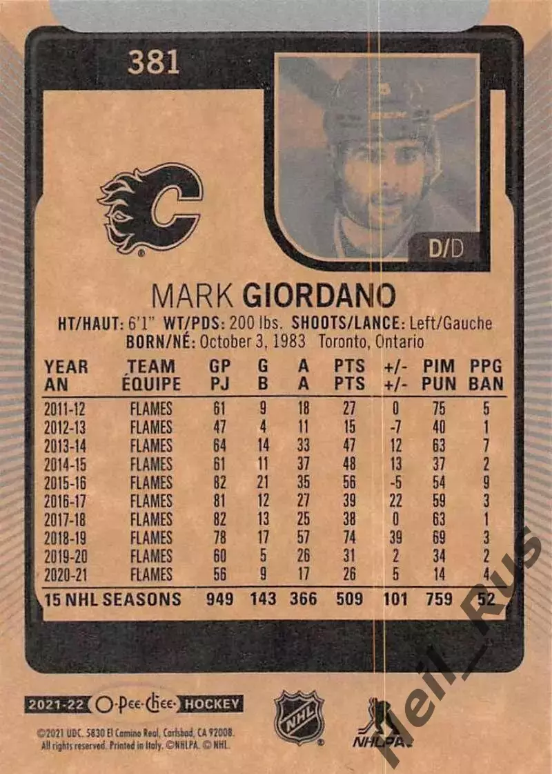Карточка Марк Джиордано (Calgary Flames/Калгари Флэймз, Динамо Москва) НХЛ/NHL 1