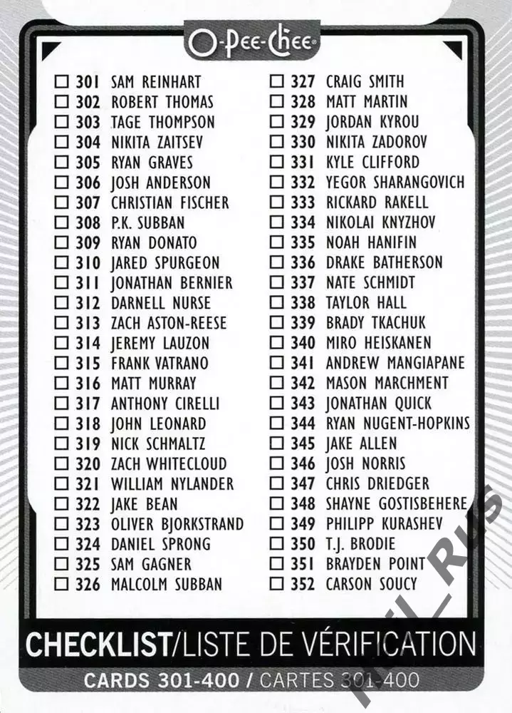 Хоккей. Карточка Checklist/Чеклист коллекции 2021-2022 O-Pee-Chee Hockey НХЛ/NHL