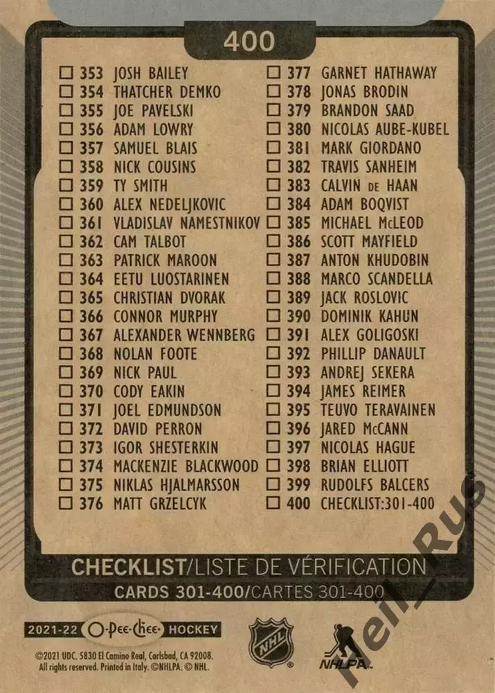 Хоккей. Карточка Checklist/Чеклист коллекции 2021-2022 O-Pee-Chee Hockey НХЛ/NHL 1