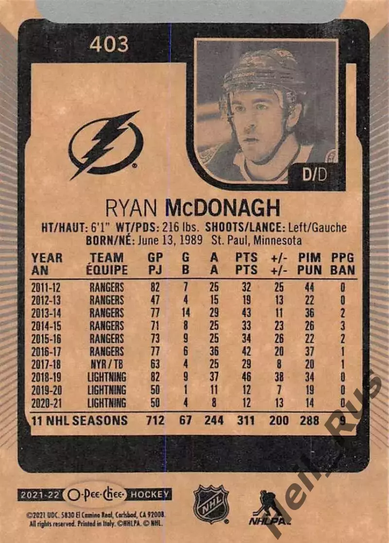 Карточка Райан Макдона Tampa Bay Lightning/Тампа-Бэй Лайтнинг, Барыс НХЛ/NHL/КХЛ 1