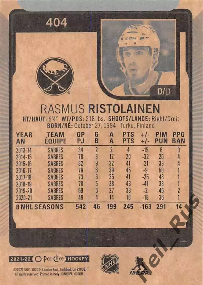 Карточка Rasmus Ristolainen/Расмус Ристолайнен (Buffalo Sabres/Баффало) НХЛ/NHL 1