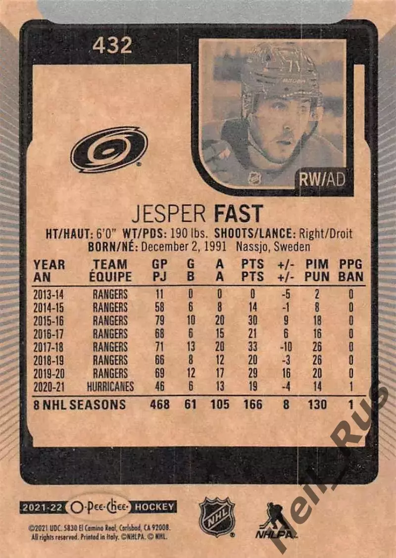 Карточка Jesper Fast/Йеспер Фаст Carolina Hurricanes/Каролина Харрикейнз НХЛ/NHL 1