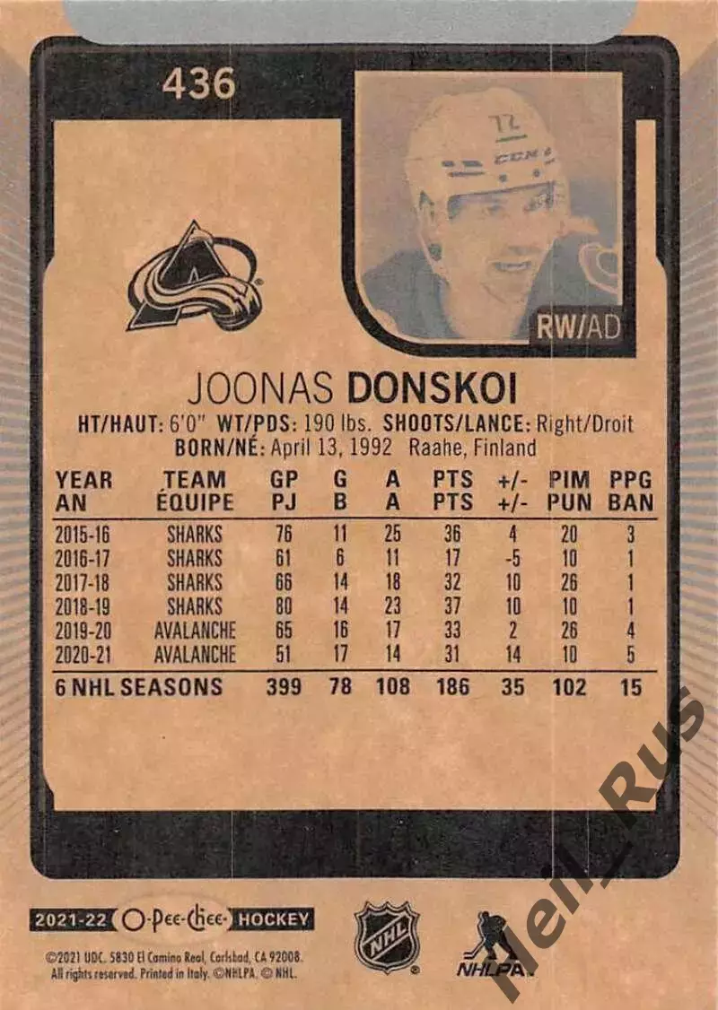 Карточка Joonas Donskoi/Йоонас Донской (Colorado Avalanche/Колорадо) НХЛ/NHL 1