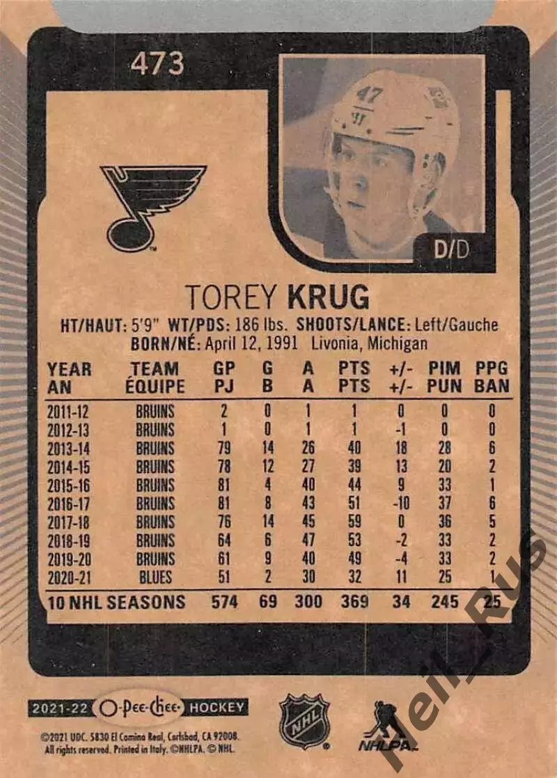 Хоккей; Карточка Torey Krug/Тори Круг (St. Louis Blues/Сент-Луис Блюз) НХЛ/NHL 1