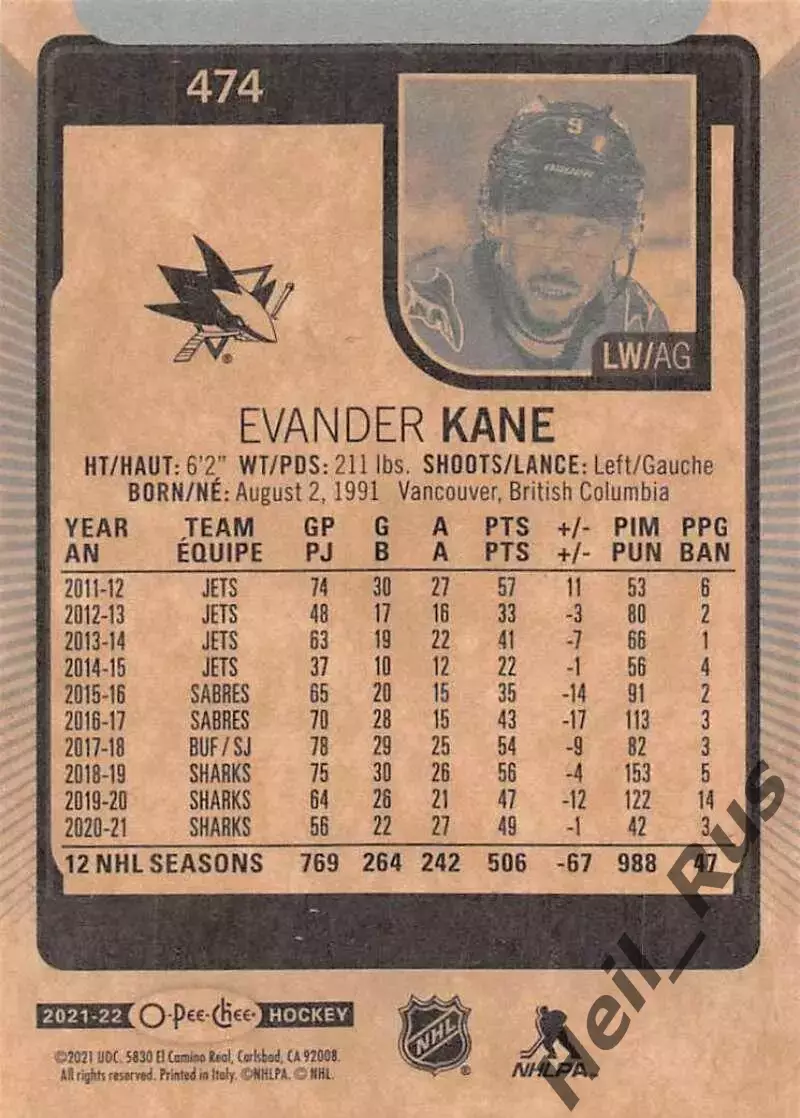 Карточка Эвандер Кейн (San Jose Sharks/Сан-Хосе Шаркс, Динамо Минск) НХЛ/NHL/КХЛ 1