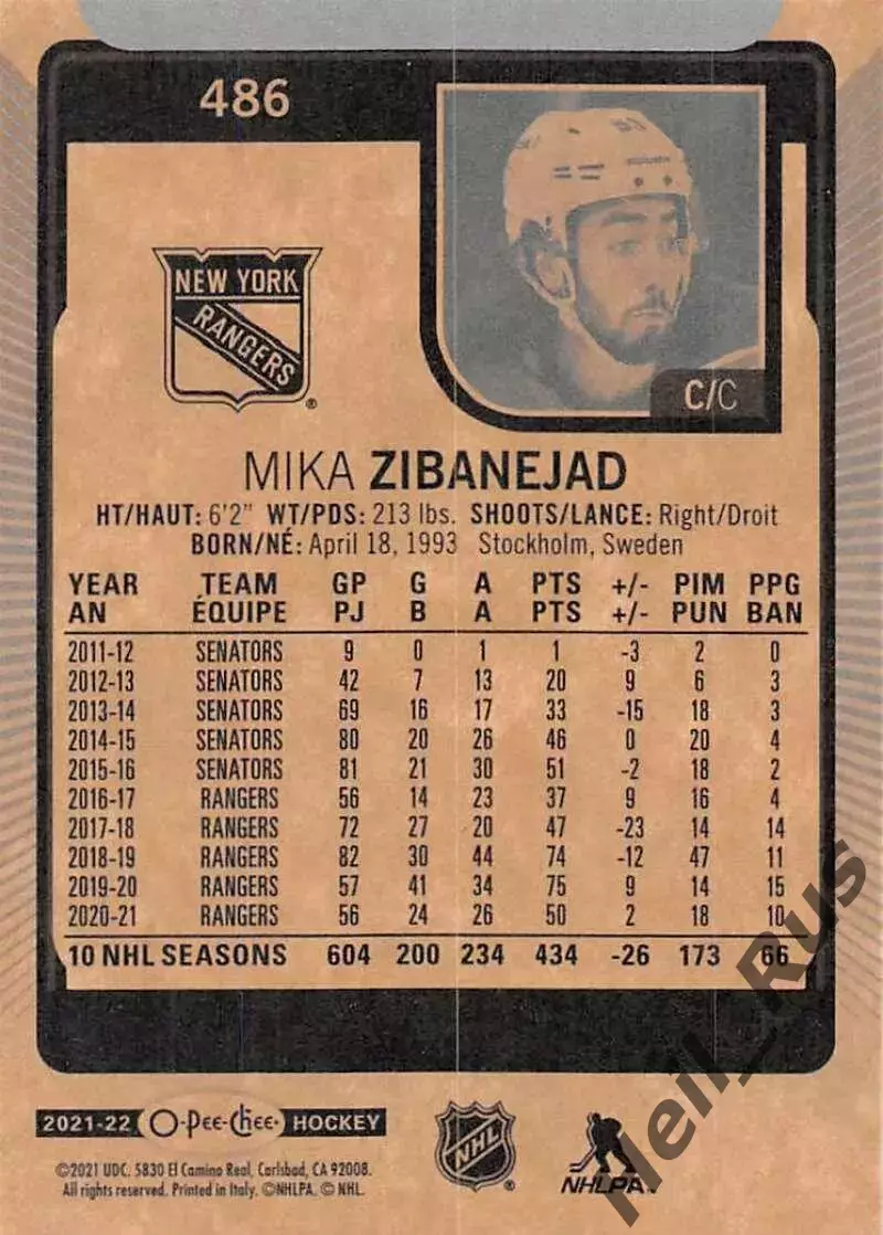 Карточка Zibanejad/Мика Зибанежад (New York Rangers/Нью-Йорк Рейнджерс) НХЛ NHL 1