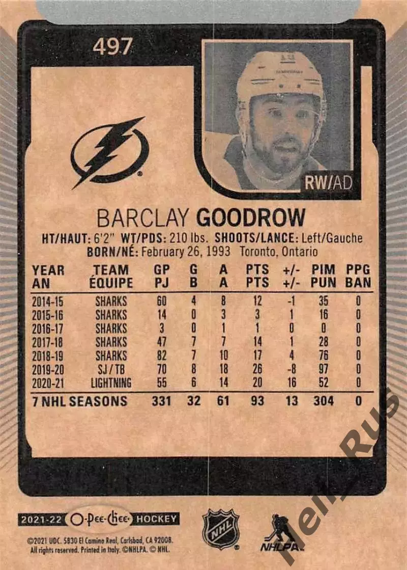Карточка Goodrow/Баркли Гудроу (Tampa Bay Lightning/Тампа-Бэй Лайтнинг) НХЛ/NHL 1