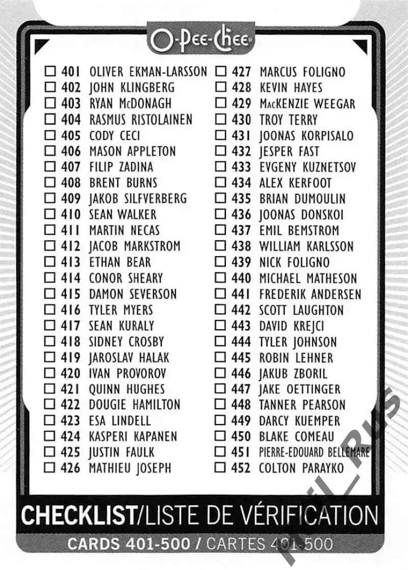 Хоккей. Карточка Checklist/Чеклист коллекции 2021-2022 O-Pee-Chee Hockey НХЛ/NHL
