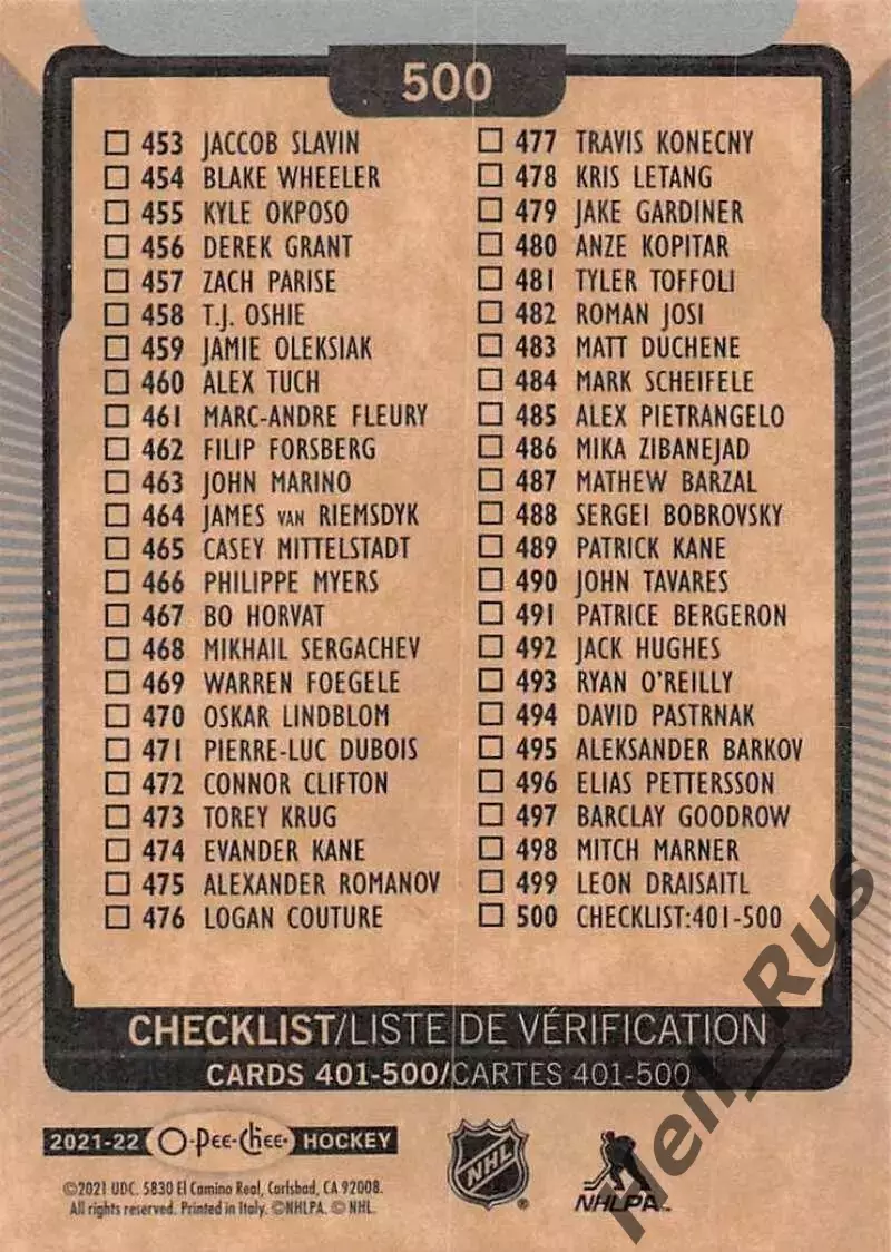 Хоккей. Карточка Checklist/Чеклист коллекции 2021-2022 O-Pee-Chee Hockey НХЛ/NHL 1