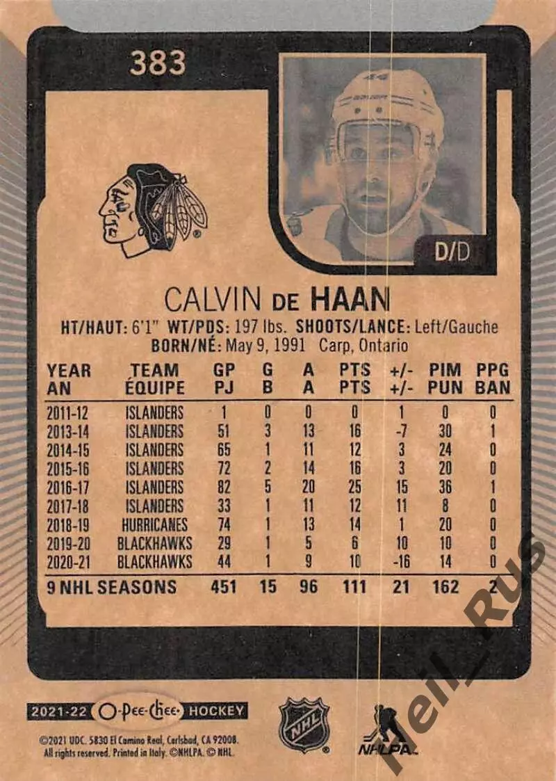 Хоккей; Карточка Calvin de Haan/Кэлвин Де Хаан Chicago Blackhawks/Чикаго НХЛ/NHL 1