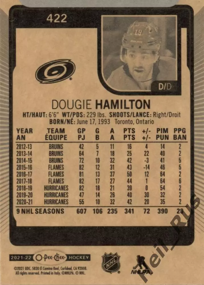 Карточка Hamilton/Дуги Хэмилтон Carolina Hurricanes/Каролина Харрикейнз НХЛ/NHL 1
