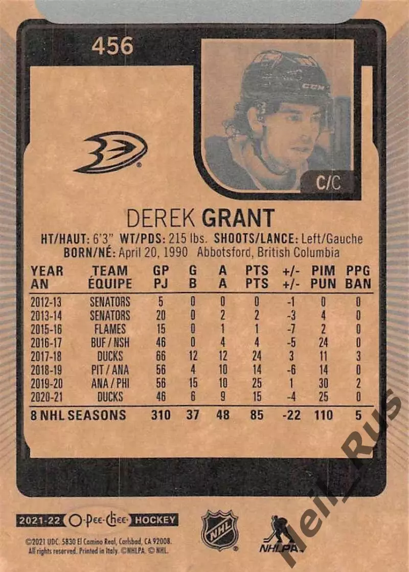 Хоккей. Карточка Derek Grant/Дерек Грант (Anaheim Ducks/Анахайм Дакс) НХЛ/NHL 1