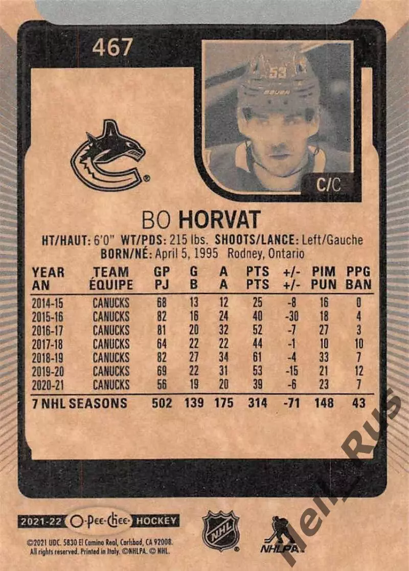 Хоккей; Карточка Bo Horvat / Бо Хорват Vancouver Canucks/Ванкувер Кэнакс НХЛ/NHL 1