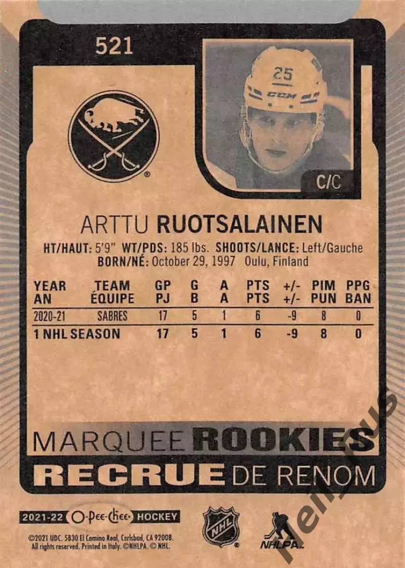 Карточка Arttu Ruotsalainen/Артту Руотсалайнен (Buffalo Sabres/Баффало) NHL/НХЛ 1