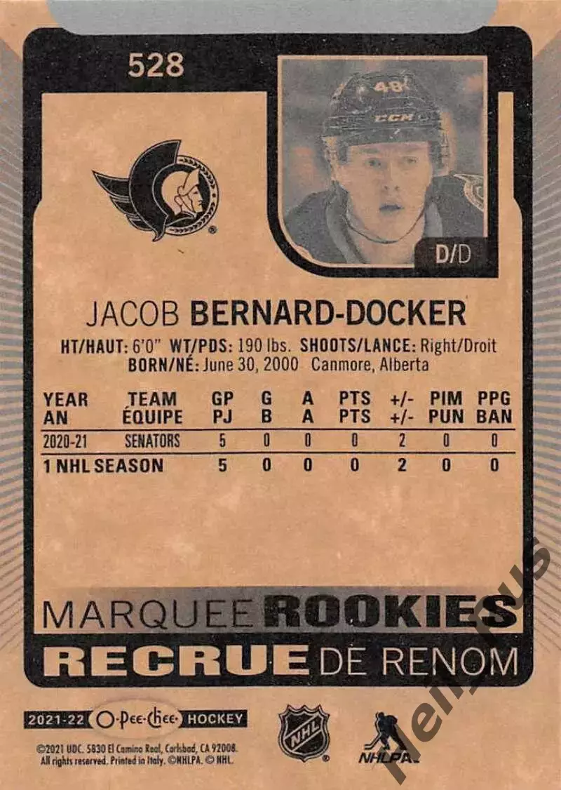 Карточка Bernard-Docker/Джейкоб Бернар-Докер (Ottawa Senators / Оттава) НХЛ/NHL 1