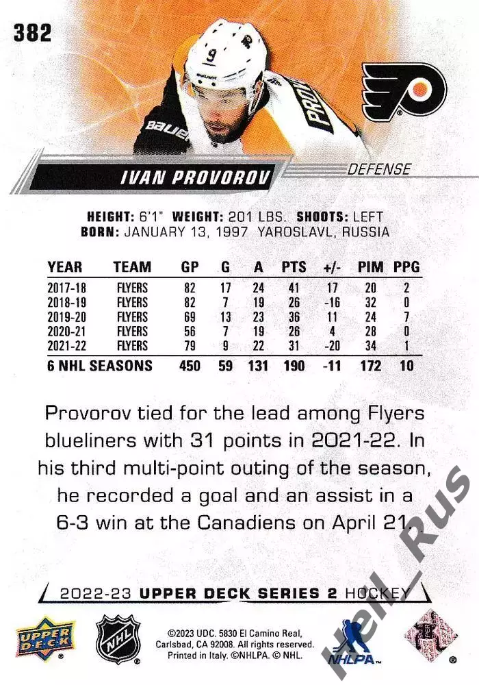 Хоккей Карточка Иван Проворов Филадельфия Флайерз, Локомотив Ярославль НХЛ/NHL 1