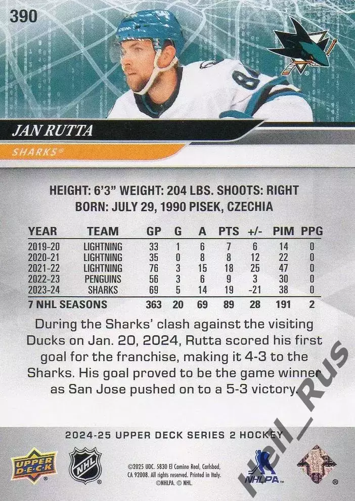 Хоккей. Карточка Jan Rutta/Ян Рутта (San Jose Sharks/Сан-Хосе Шаркс) NHL/НХЛ 1