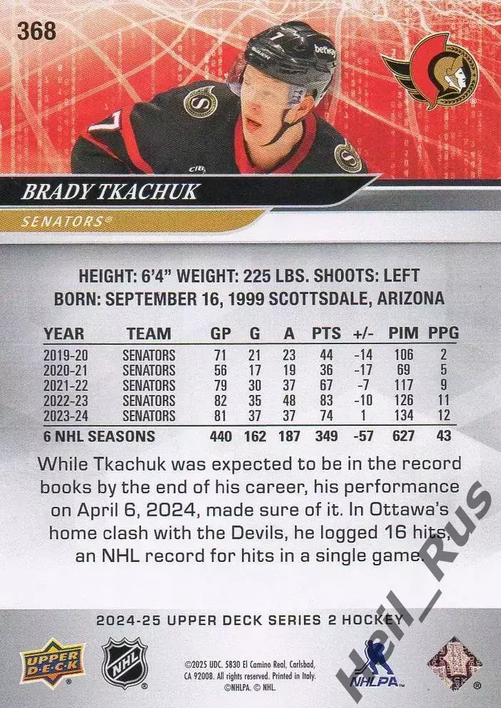 Карточка Brady Tkachuk/Брэди Ткачук (Ottawa Senators/Оттава Сенаторз) НХЛ-NHL 1