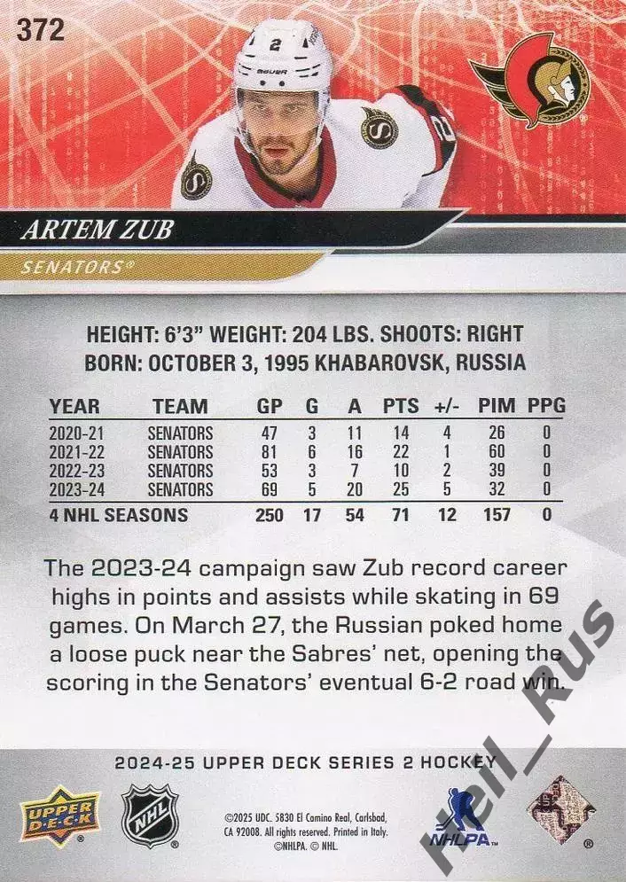 Хоккей. Карточка Артем Зуб Ottawa Senators/Оттава Сенаторз, СКА/Амур НХЛ/NHL/КХЛ 1