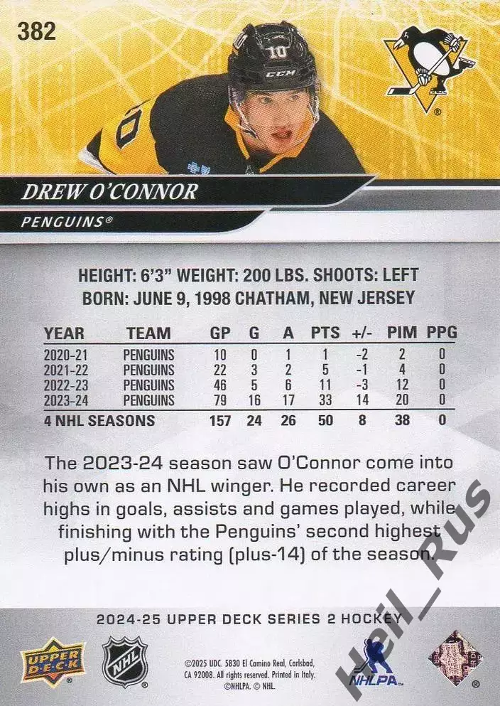 Хоккей Карточка Drew O'Connor/Дрю О'Коннор Pittsburgh Penguins/Питтсбург НХЛ/NHL 1
