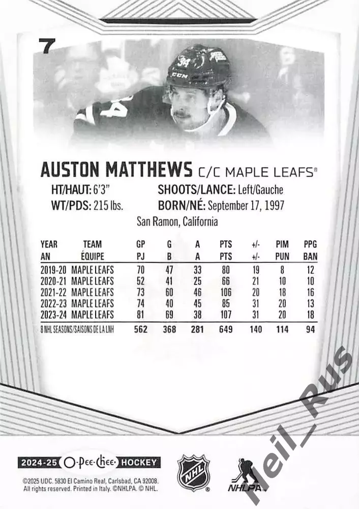 Карточка Auston Matthews/Остон Мэттьюс (Toronto Maple Leafs/Торонто) NHL / НХЛ 1
