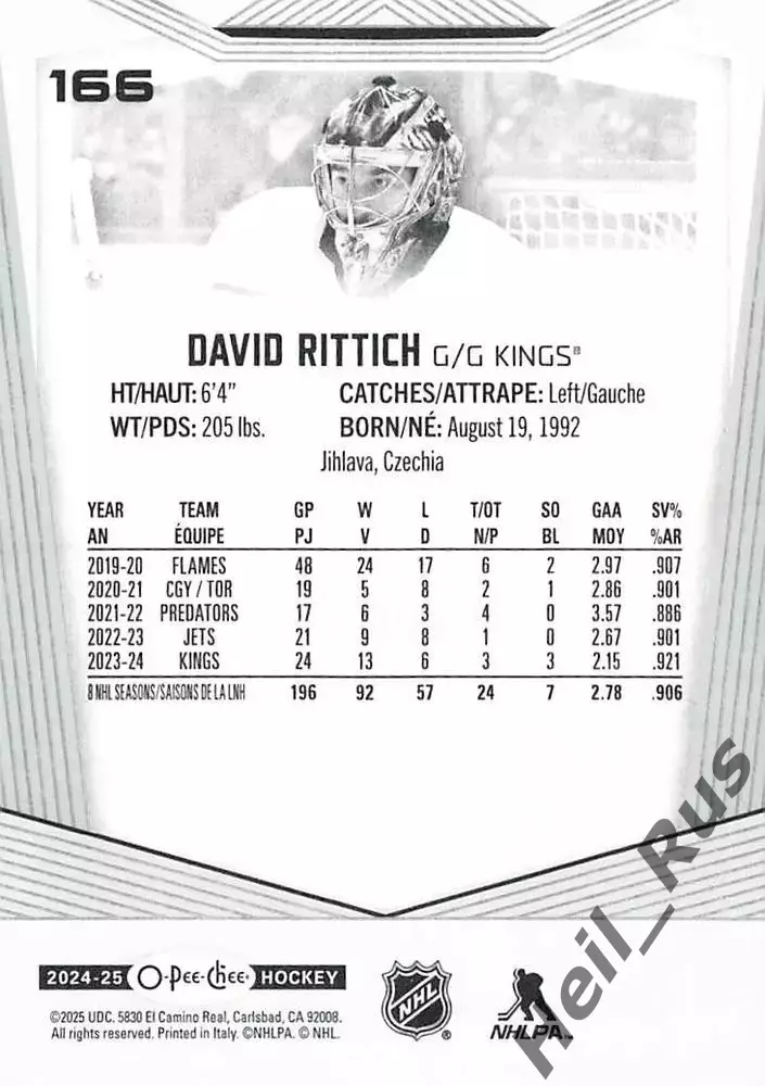Карточка David Rittich/Давид Риттих Los Angeles Kings/Лос-Анджелес Кингз НХЛ/NHL 1