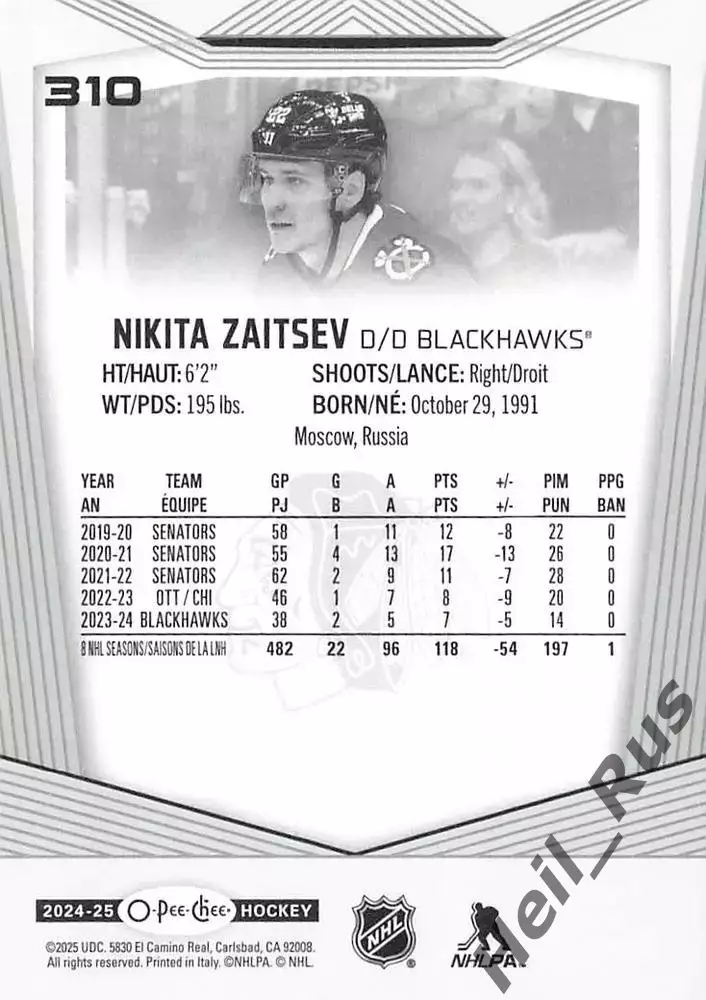 Карточка Никита Зайцев (Чикаго Блэкхокс, СКА, Сибирь, ЦСКА Москва) НХЛ/NHL, КХЛ 1
