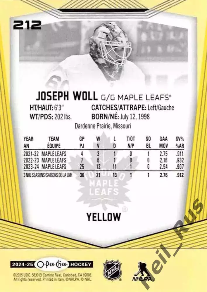 Карточка Joseph Woll/Джозеф Уолл Toronto Maple Leafs/Торонто Мейпл Лифс НХЛ/NHL 1