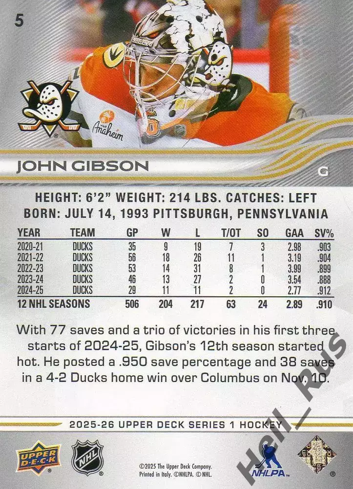 Хоккей. Карточка John Gibson/Джон Гибсон (Anaheim Ducks/Анахайм Дакс) НХЛ-NHL 1