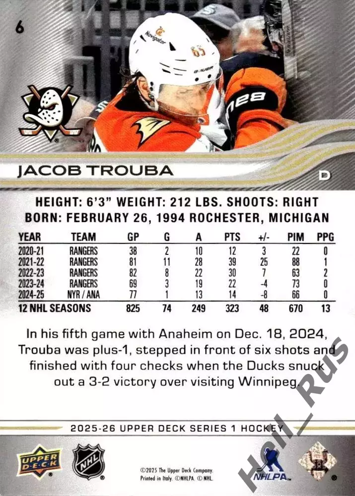 Хоккей. Карточка Jacob Trouba/Джейкоб Труба (Anaheim Ducks/Анахайм Дакс) НХЛ/NHL 1