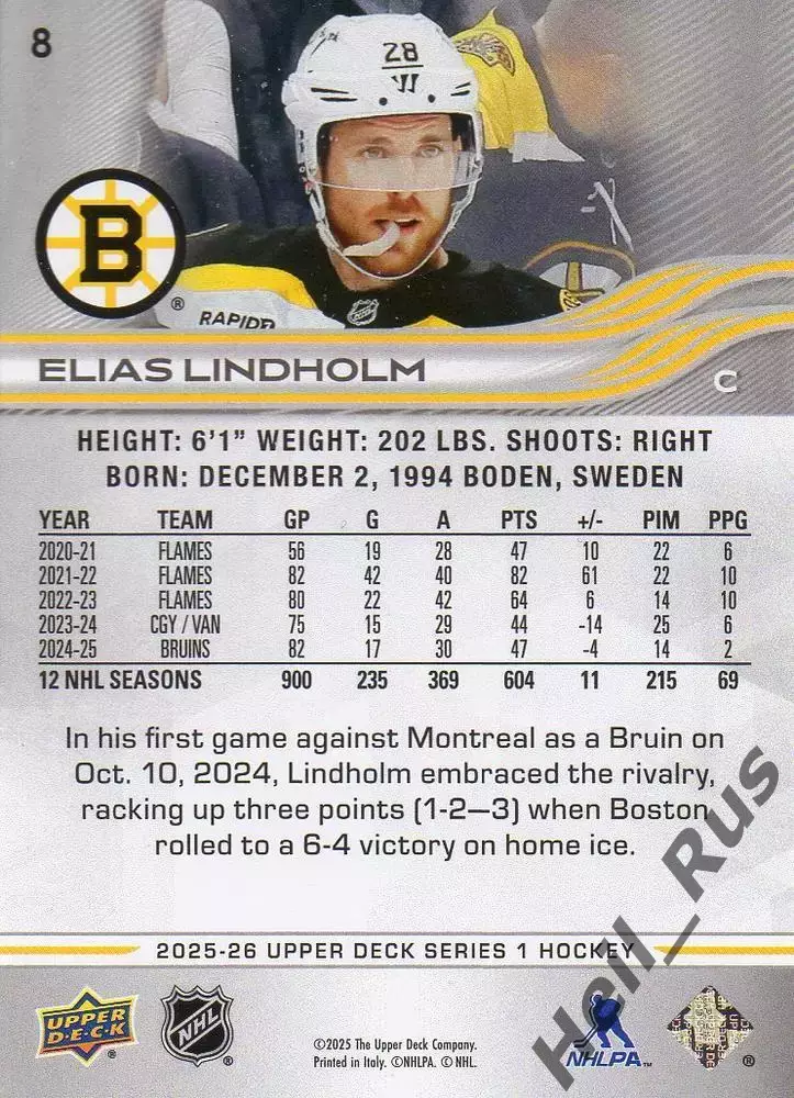 Карточка Elias Lindholm/Элиас Линдхольм (Boston Bruins/Бостон Брюинз) НХЛ/NHL 1